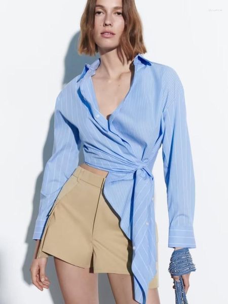 Женские блузки 2023 Y2K Blue Stripe Асимметричная пуговица -галстук вверх модную рубашку из рубашки и блузки с длинным рукавом