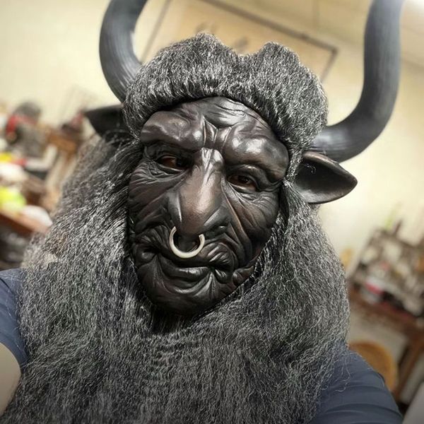 Lateks öküz boynuz tam yüz maske boğa iblis Kral Cadılar Bayramı Monster Şeytan Cosplay Props Karnaval Partisi Korkunç Korkunç Komik