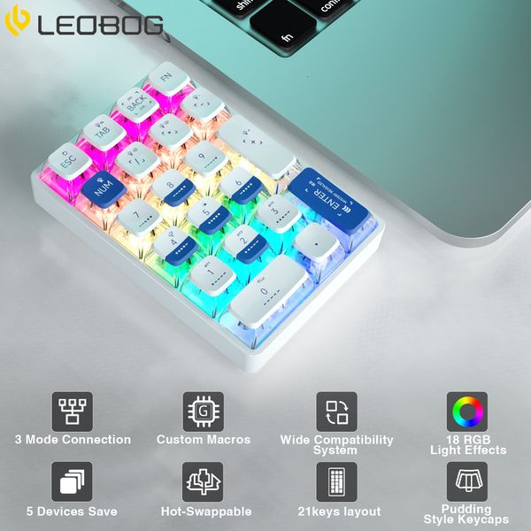 Teclados LEOBOG K21 Bluetooth Number Pad Teclado numérico mecânico 21 teclas Transparente Poshop Accounting Numpad Gaming Keyboard 230715