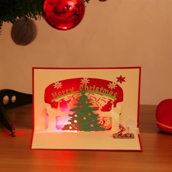 Приветствующие открытки с рождественской открыткой с LightMusic 3D Up Stereo Blessing Tree Friends Ride Gifts Wishes Proscard205Y