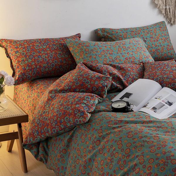 Bettwäsche-Sets, Einzel-Bettbezug-Set, gewaschenes Baumwollleinen, Knopf-Stil, dreiteiliges Bettlaken, gesteppte Tagesdecke
