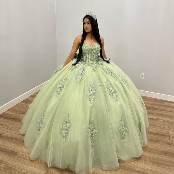 Sage verde princesa quinceanera vestidos de baile 2024 rendas apliques com arco doce 16 vestido vestidos de 15 anos vestido de baile