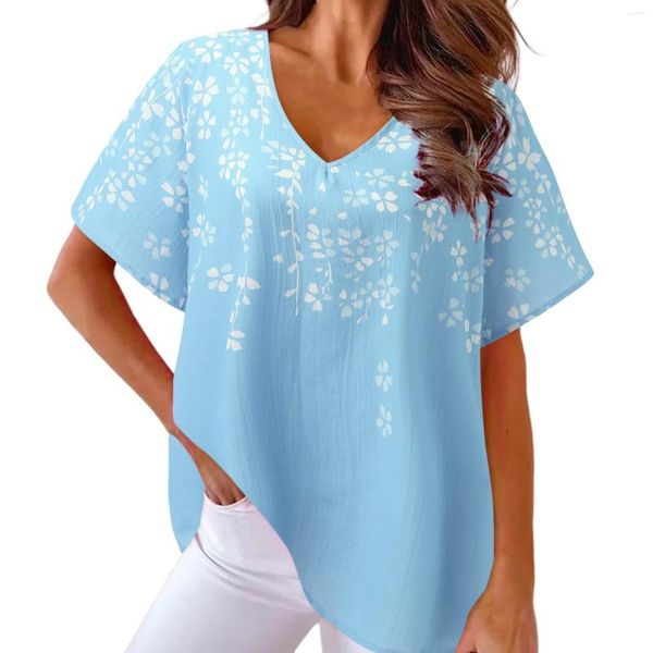 Camisas femininas de verão blusas de chiffon superdimensionadas com decote em v para roupas femininas estampa floral manga curta senhora solto tops camisa ropa mujer