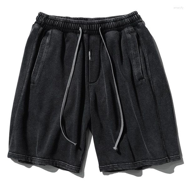 Herren Shorts Sommer Distressed Japanisch Gewaschen Retro Streetwear Schwarz Lose Lässige Kordelzug Elastische Taille Kurz