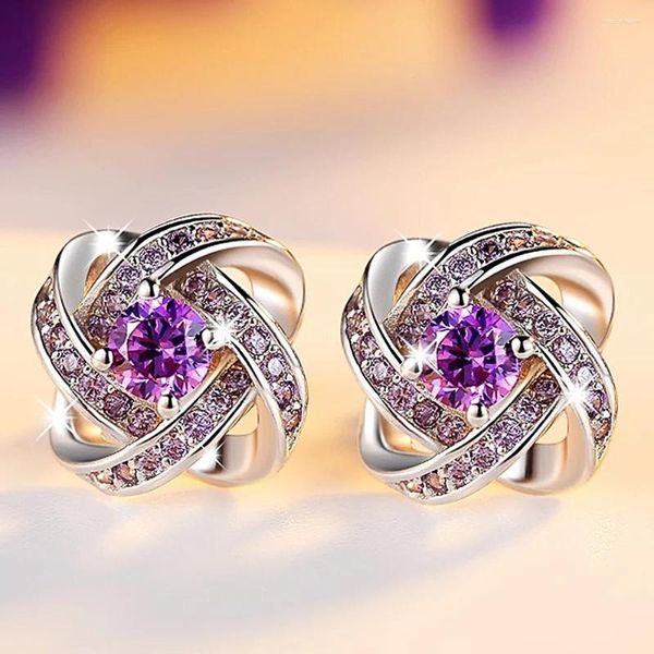 Brincos Stud Marca Clássica Trevo Purper Cristal Ametista Pedras Preciosas Diamantes Para Mulheres Ouro Branco 18k Prata Brincos Jóias