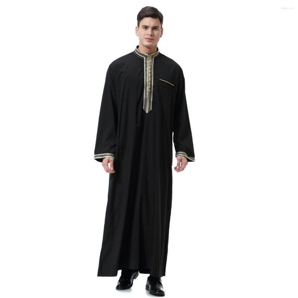 Roupas étnicas S-3XL Moda Muçulmana Masculina Solta Borda Dourada Mangas Compridas Gola Jubba Thobes Com Bolso