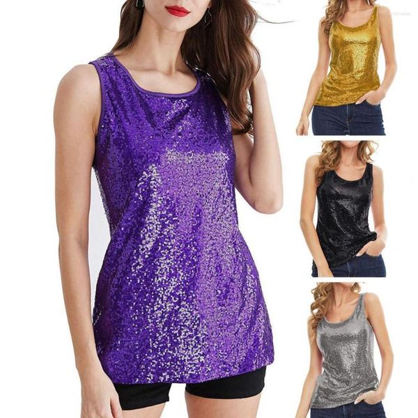 Canottiere da donna Top con paillettes da donna Tinta unita Decorazione senza maniche Girocollo Pullover Stage Show Glitter Po Prop Camis Lady Vest