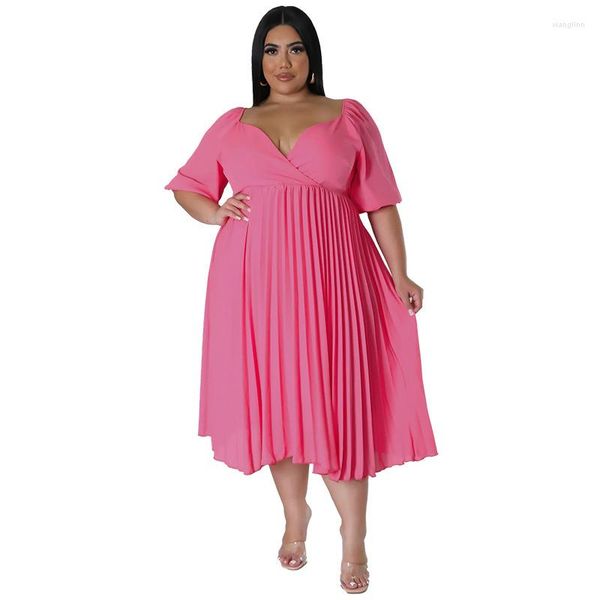 Vestidos Plus Size Vestido Verão Elegante Decote em V Manga Curta Pregas Sólidas Estilo Feminino Vestidos de Festa Meia da Panturrilha