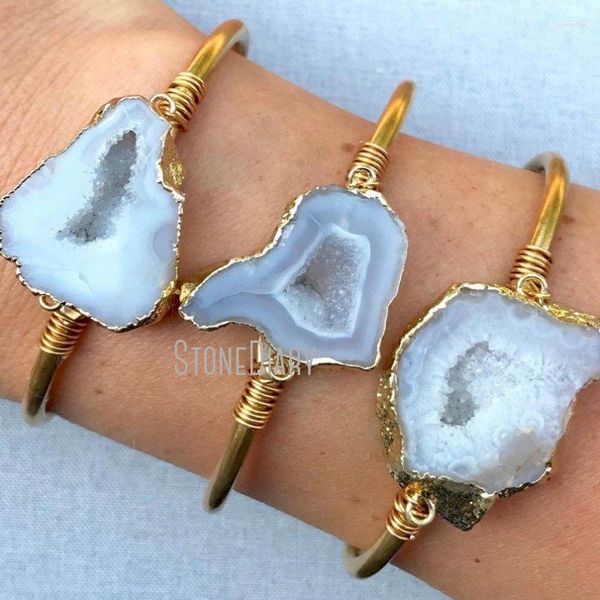 Braccialetto BM20127 Agata naturale Geode Regolabile Forma libera Slice Polsino Filo avvolto Bracciale placcato oro Regalo damigella d'onore