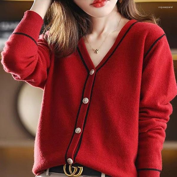 Maglieria da donna 2023 Inverno Donna Top Cardigan Pura lana lavorata a maglia con scollo a V Donna Abbigliamento standard di lana di alta qualità Giacche