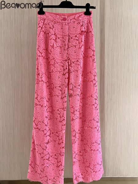 Calças femininas de duas peças Baeromad Summer Runway Moda Vintage Rosa Cor Vermelha Lace Calças Ocas Botão Bolsos Cintura Alta Reta 230715