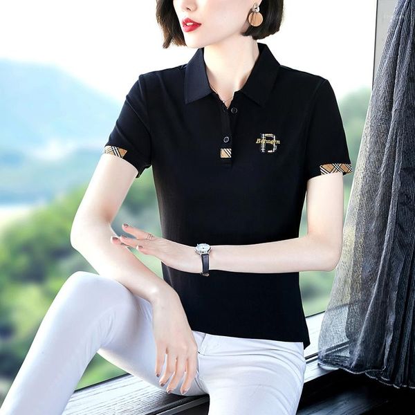 Camisetas femininas estilo verão polo de manga curta casual feminina 95% algodão lapela camisetas moda feminina bordado camisa feminina