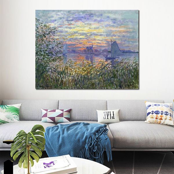 Dipinto a olio fatto a mano di Claude Monet Tramonto su Siene Modern Canvas Art Modern Landscape Living Room Decor