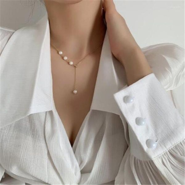 Collane con ciondolo Coreano Semplice Ins Collana di perle d'imitazione Catena color oro per le donne Accessori per gioielli da festa di moda