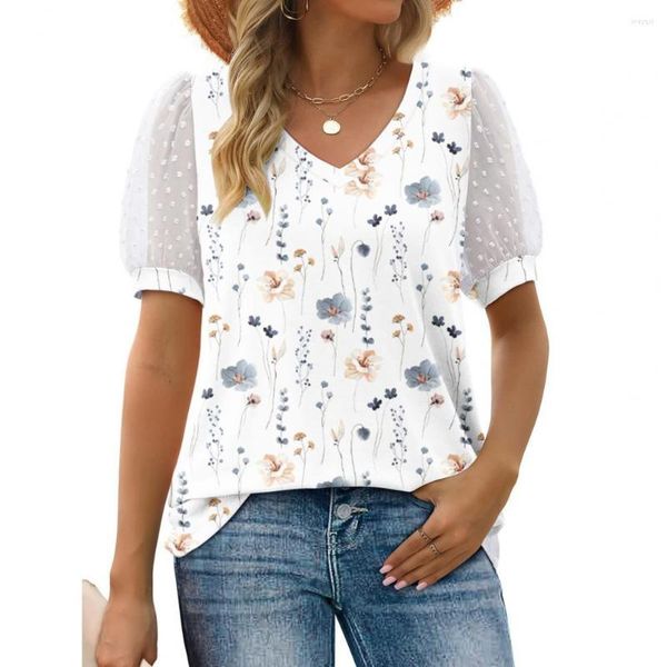 Blusas femininas T-shirt de verão de ajuste relaxado com decote em V clássico e busto franzido. Camiseta lounge básica para visual casual chique
