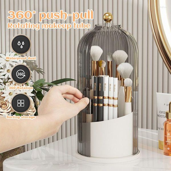 Caixas de armazenamento Giratório em 360° Porta-pincel de maquiagem com tampa Organizador de mesa portátil Caixa de cosméticos Batom Jóias