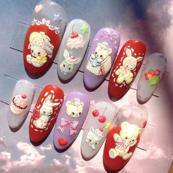 Unhas Postiças Artesanais Kawaii 3D Desenhos Animados Curtos Unhas Postiças Dicas Y2K Press On Nails Art Longo Caixão Estilete Unhas Falsas Reutilizáveis Com Cola Presente 230715