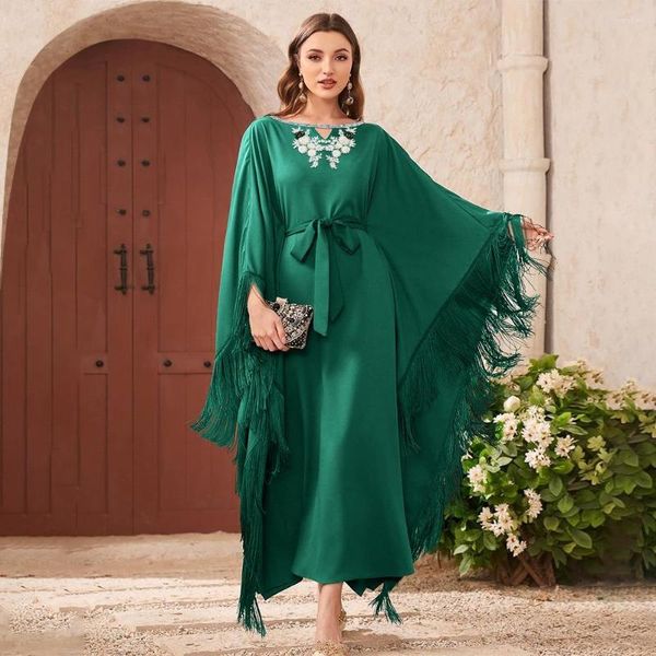 Этническая одежда Женщины Весна Лето Муслим Абая Турции Дубай Арабская вышивка зеленый бриллиант круглый платье для летучей мышь