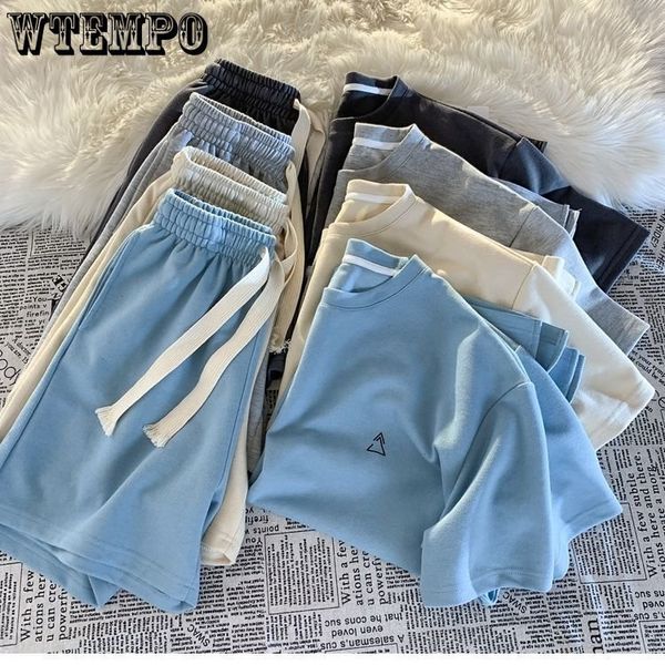 Женские брюки с двумя частями Wtempo Sports Set Summer Casual с коротким рубашкой в ​​стиле колледжа Свободный универсальный шорты 230715