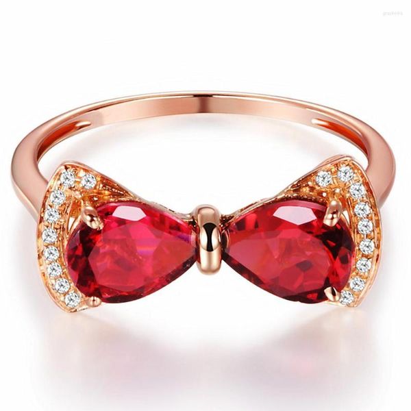 Cluster Rings 18k Rose Gold Filled Bowknot Anillos Mujer Red Crystal Ruby Gemstones Diamonds For Women Chic Jewelry Trendy Accessory