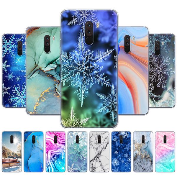 Para Xiaomi Pocophone F1 Case Poco Silicon Soft Cover Global Marble Snow Flake Winter Christmas