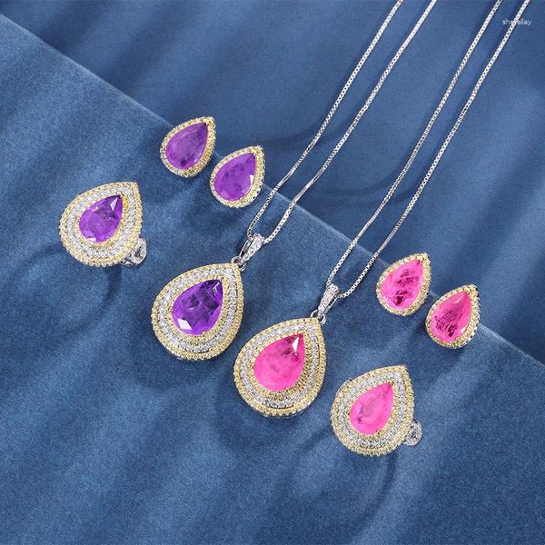 Collana Orecchini Set EYIKA Luxury Gold Plated Water Drop Wedding Party Jewelry Anello con pendente in pietra di fusione rosa viola per le donne