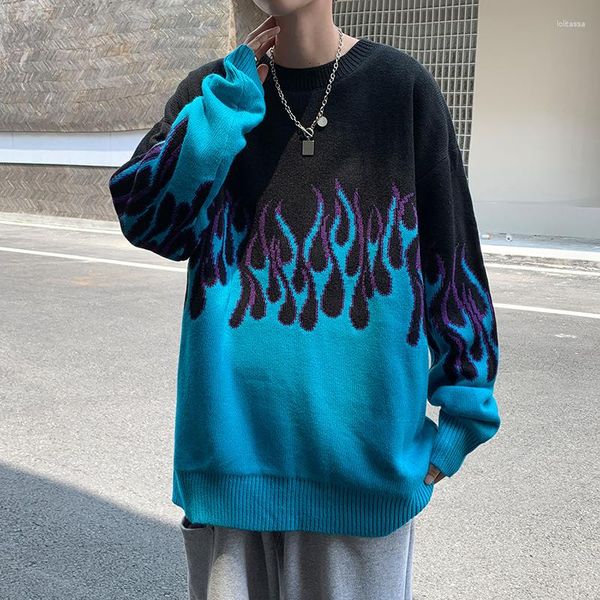 Suéteres Masculinos Outono e Inverno Suéter Flame Hip Hop Versão Coreana Tendência Personalidade Malha Solta Estilo Harajuku Casal Linha Color Block