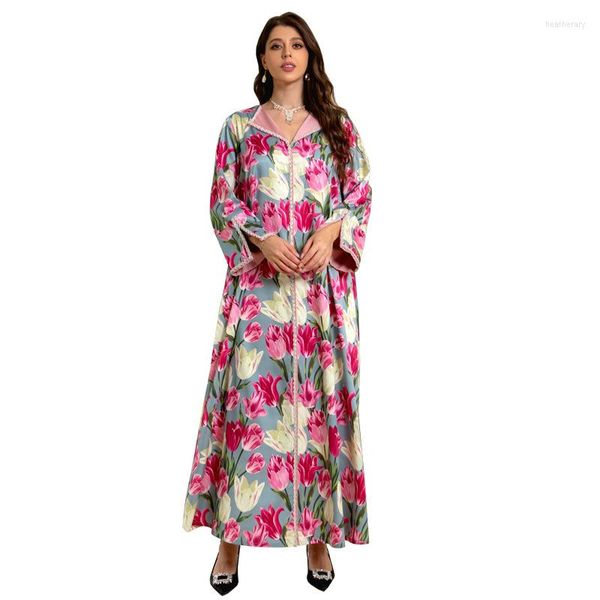 Abbigliamento etnico Abito stampato a tulipano Abito musulmano mediorientale Abaya Abiti da donna dolci a maniche lunghe con perline