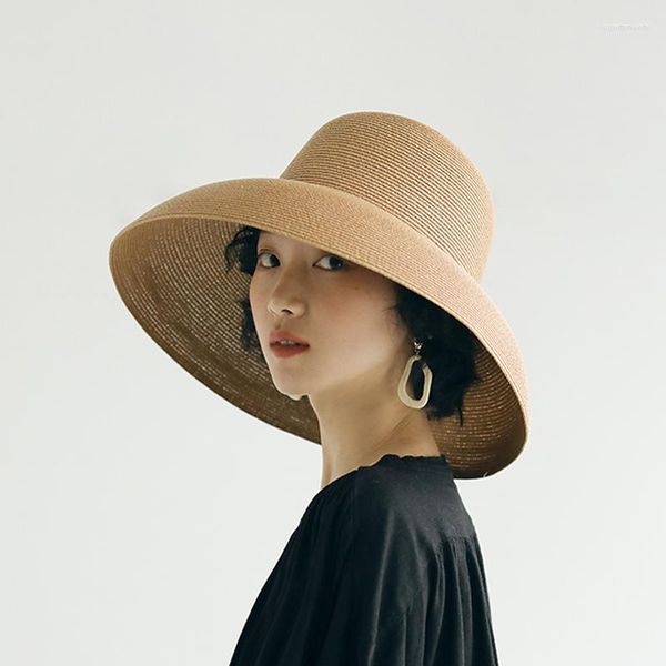 Chapéus de Aba Larga Feminino Chapéu de Sol de Verão Big Eaves Estilo Hepburn Japonês Festivo Fold Boné Pescador Temperamento Flat Chapeau De Paille