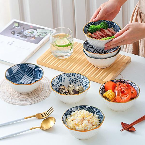 Conjuntos de louça Tigela de arroz de cerâmica estilo japonês de 5 polegadas Tigelas octogonais para sopa pequena Utensílios de mesa pintados à mão sob o esmalte