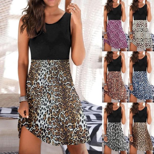 Abiti casual Summer Brief Print Dress Elegante O Neck Girocollo Patchwork Senza maniche Leopard Skirt In For Women 2023