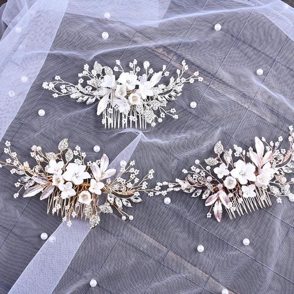 Grampos de cabelo 3 cores de cerâmica flor folha pentes mulheres nupcial casamento jóias acessórios cabeça decoração ornamento elegante