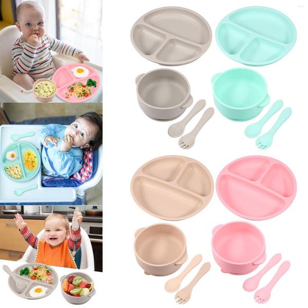 Ciotole 8Pcs Set per l'alimentazione del bambino con forchetta per cucchiaio Piastre di aspirazione antiscivolo e stoviglie riutilizzabili in silicone Lavastoviglie