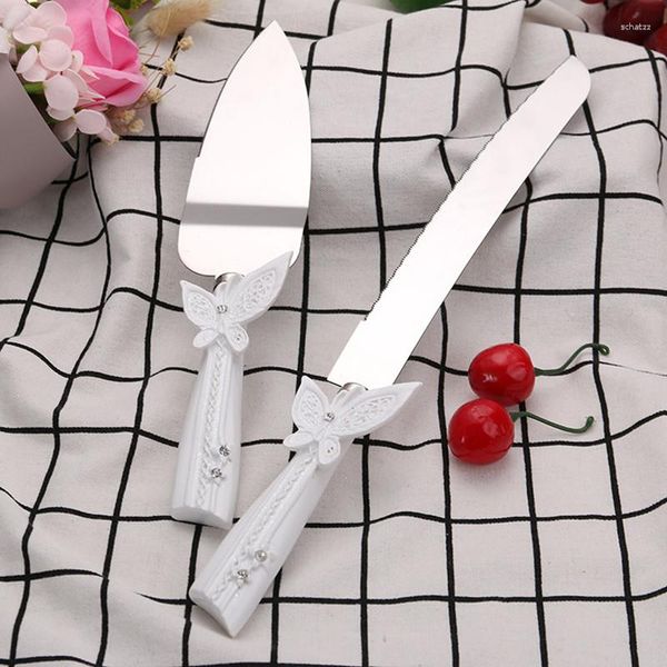 Conjuntos de louça 2 pçs faca de bolo de casamento servindo talheres decoração de festa de casamento aço inoxidável cabo de borboleta presentes de natal