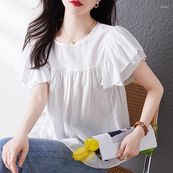 Camicette da donna Camicetta a maniche corte con volant a strati estivi 2023 Camicie bianche larghe Camicia in chiffon casual moda coreana per abbigliamento donna 27151