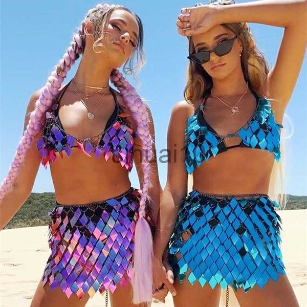 Zweiteilige Damenhose, Y2K, sexy Mode, glitzernde, ausgehöhlte Pailletten, 2-teiliges Nacht-Clubwear-Party-Festival, Damen-Crop-Top-Outfits, Rave-Bikini-Rock-Sets J230717