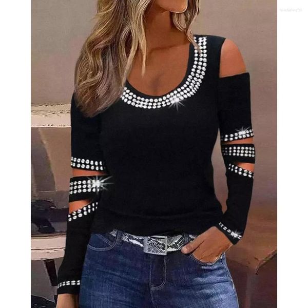 T-shirt da donna Primavera Autunno Strass Decor Top 2023 Femme Trim Cold Shoulder O-Collo Manica lunga Elegante camicetta Abbigliamento donna