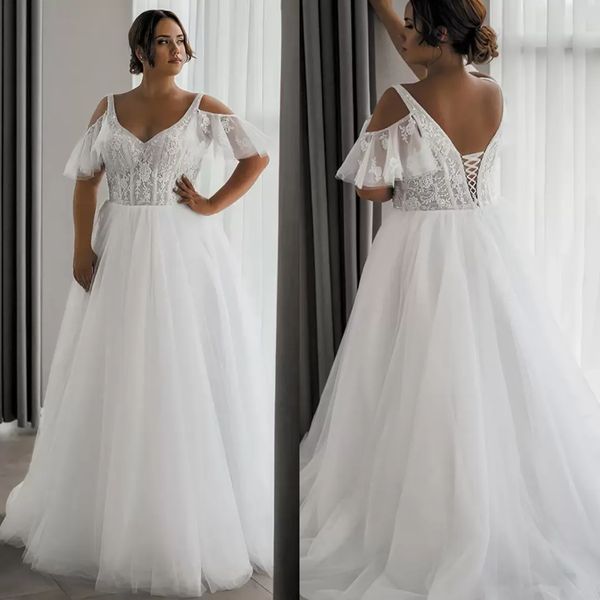 Taglie forti Corsetto Abiti da sposa Maniche corte Scollo a V Senza schienale Una linea Abiti da sposa lunghi Appliques in pizzo Top Elegante Boho Beach Tulle Abiti da sposa 2023