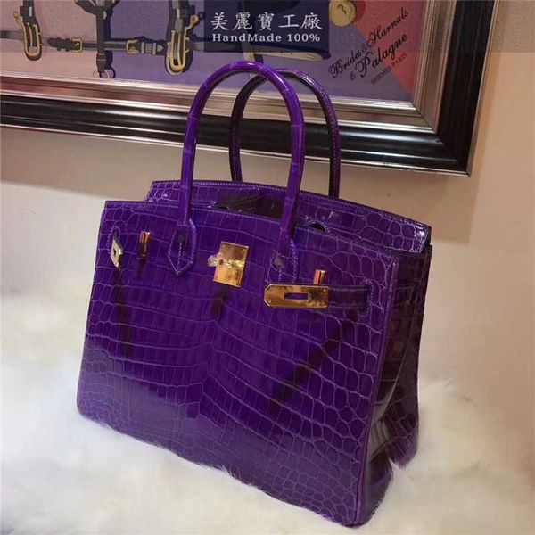 Platinum in pelle Luxurys borsetta piena fatta a mano originale originale sacca da coccodrillo da 30 cm a spalla singola viola