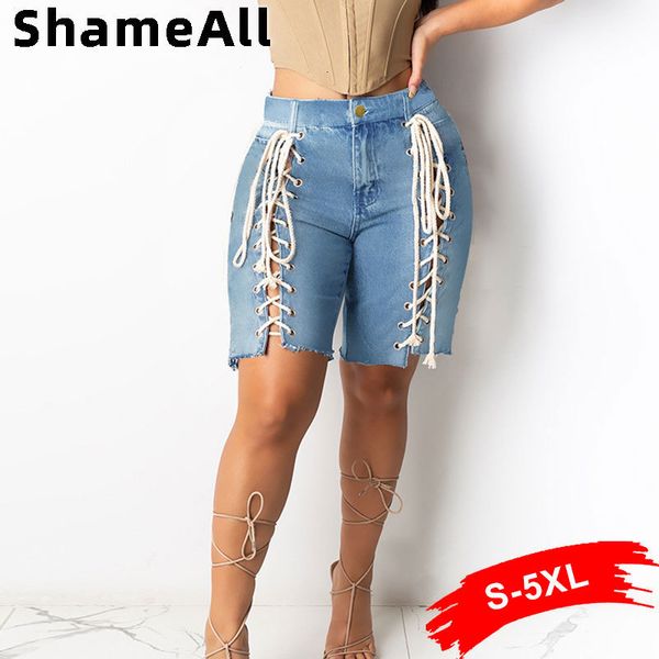 Damen-Overall-Strampler in Übergröße, Y2K, Übergröße, sexy, blau, aushöhlen, Denim-Bermudas, 4XL, Sommer, Frauen, Quaste, kurze Jeans, Schnürung, Bandage, Distressed-Shorts, 230715