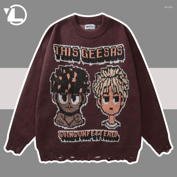 Erkek Sweaters Karikatür Portre Örme Kazak Erkek Kadınlar Yüksek Sokak Yırtılmış Anime Baskı Jumper Sonbahar Kış Hip Hop Retro Büyük Boy