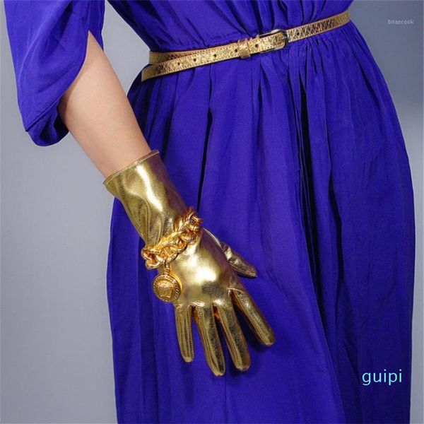 Fünf-Finger-Handschuhe, Lackleder, 28 cm, mittellang, superhell, spiegelnd, goldfarben, elastisch, PU-Simulation, QPJS281327e