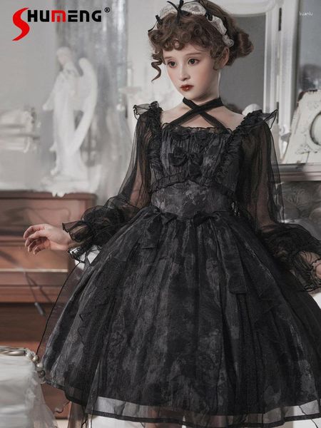 Lässige Kleider Lolita Dark Black Midi Asymmetrisches Kleid für Frauen 2023 Frühling Gothic Girl Hohe Taille Mesh Langarm Mid Op Damen