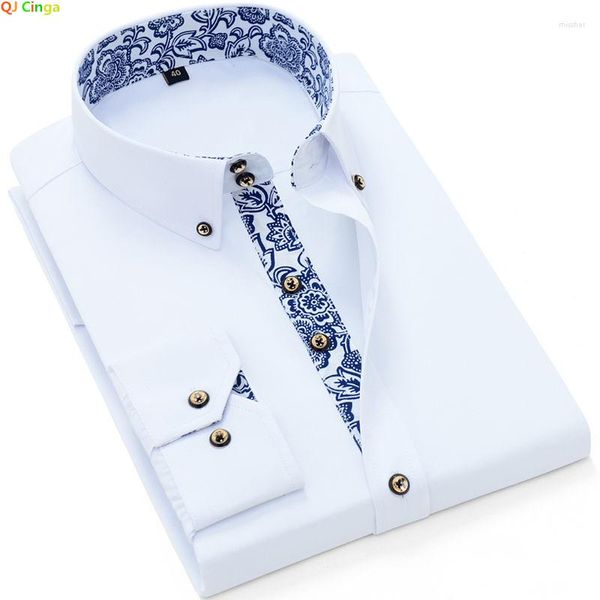 Camicie casual da uomo Camicia elegante con colletto in porcellana bianca e blu Camicia da uomo a maniche lunghe Coreano Slim Fit Ufficio Business Tinta unita Bianco Navy