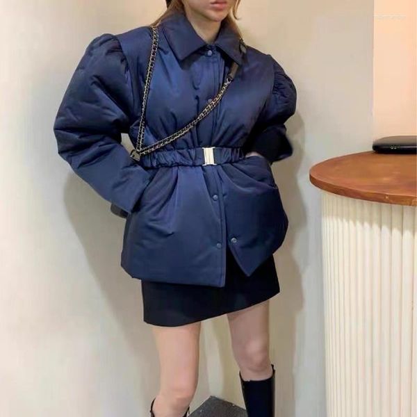 Casaco feminino outono e inverno manga bufante parka retrô lapela gravata curta casual jaqueta pão elegante temperamento algodão