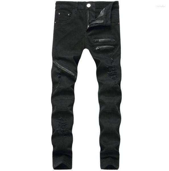 Jeans Masculino Bolso com Zíper Masculino Casual Magro Moda Masculina Stretch Calça Jeans Rasgada Preto Vermelho Branco Streetwear Calça Masculina Denim