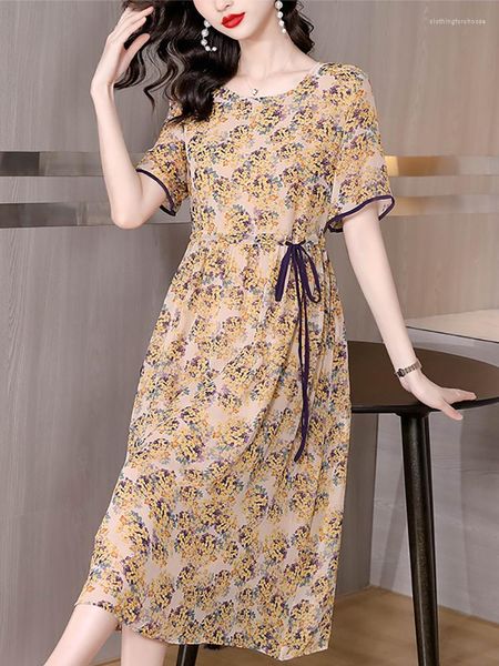 Abiti da festa 2023 Abito longuette in chiffon floreale a maniche corte Summer Fashion Light Casual Beach Women Korean Elegant Bodycon