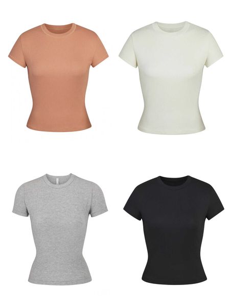 TnasSkims Stock Thread Kurzarm-T-Shirt aus reiner Baumwolle für Damen, Sommer-Basic-Schlankheitsoberteil mit passender Kardashian-Innenschicht