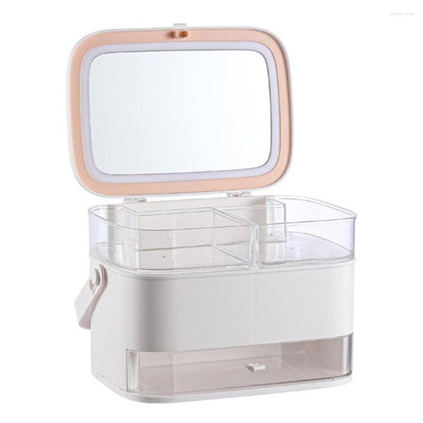 Коробка для хранения косметическая коробка с зеркалом и светодиодным легким настольным настольным организацией организатор макияжа корпус.