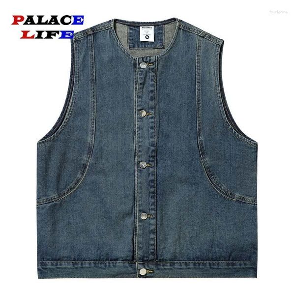 Herrenwesten Herren Solide Weste Japanische Vintage Arbeitskleidung Denim Paar Streetwear Mode Weste Ärmellose Jacken Biker Sommer